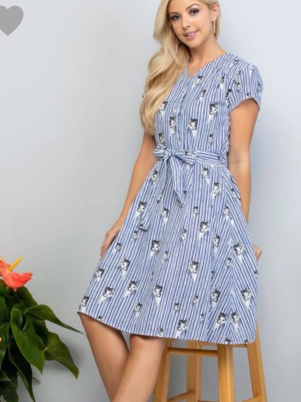 Cat Print Tie-Waist Midi Dress